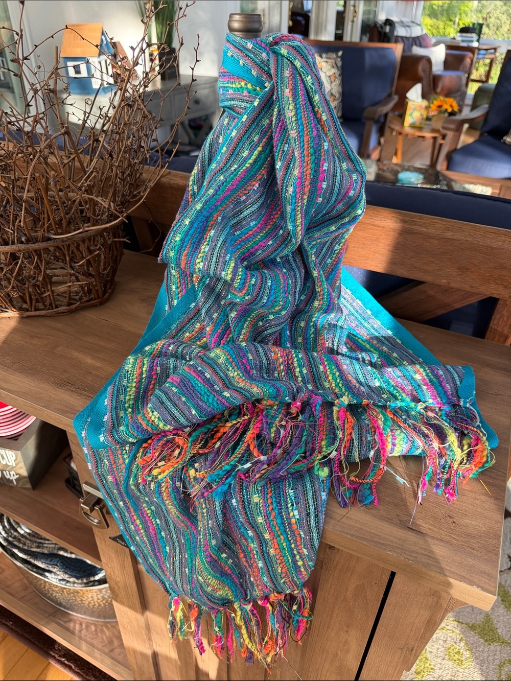 Turquoise Multicolor Woven Fringe Scarf